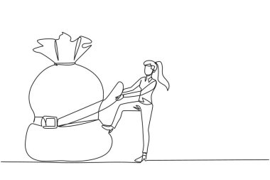 Tek sıra halinde iş kadını etrafını sarıp para çantasını kemerle çekti. Yatırım azalır, satış düşer. Gereksiz harcamalardan tasarruf et. Bir çizgi tasarımı vektör illüstrasyonu