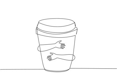 Kağıt bardak kahveyi kucaklayan tek sıra el çizimi. İşe eşlik etmesi için bir fincan kahve. Kahve konsantrasyonu sağlayabilir, depresyon riskini azaltabilir. Devamlı çizgi tasarımı grafik çizimi