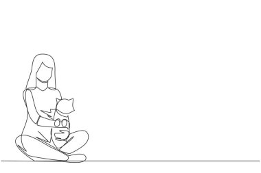 Sürekli olarak, genç ve güzel bir kadının bacak bacak bacak üstüne atarak küçük bir kediyi kucakladığı bir çizgi. En sevdiği kedisine büyük bir zevkle bakıyor. Hayvan severler. Tek çizgi tasarım vektör çizimi