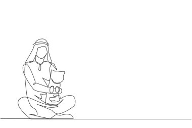 Genç enerjik bir Arap adamın bacak bacak bacak üstüne atmış küçük bir kediye sarıldığı tek sıra çizimi. Sevgili kediyle şakalaşmak yorgunluktan kurtulmanın bir yoludur. Bir çizgi tasarımı vektör illüstrasyonu