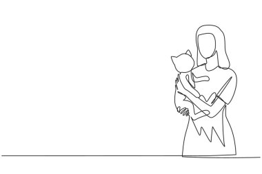 Sürekli bir çizgi halinde, genç ve güzel bir kadının küçük kedisini tuttuğu bir çizgi. Bayan evcil hayvan sahibi komik, tüylü bir kediyle oynuyor. Sevimli bir kedicik tutuyor. İlgili hayvan kavramı. Tek çizgi çizme vektörü