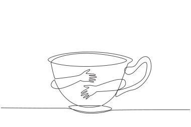 Sürekli bir çizgi halinde insan eli çay fincanına sarılıyor. Öğleden sonra servis edilen bir bardak içki. Aileyle konuşurken atıştırmalık bir şeyler iç. Rahat ol. Tek çizgi çizimi tasarım vektör çizimi