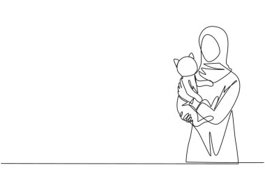 Hoş kedisi olan sıradan bir tişörtü olan genç ve güzel bir Arap kadını sürekli çiziyor. Kedisiyle oynayan sevimli küçük kedinin sahibi. Hayvanlara değer vermek. Bir çizgi vektör illüstrasyonu