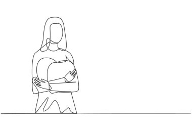 Güzel bir kadının sürekli çizdiği tek bir çizgi, sıradan bir tişörtle göğsünde büyük pembe bir kalp şekline sarılmış. Aşık bir adamın evlenme teklifini kabul etme kavramı. Bir çizgi tasarım vektörü