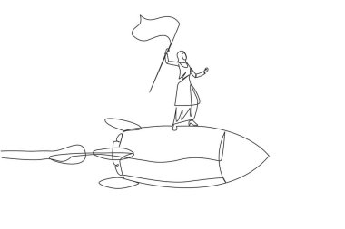 Havada uçan roketin üzerinde bayrağı kaldıran başarılı bir Arap iş kadını çizimi. Girişimci yeni bir iş kuruyor. Devamlı çizgi tasarımı grafiği