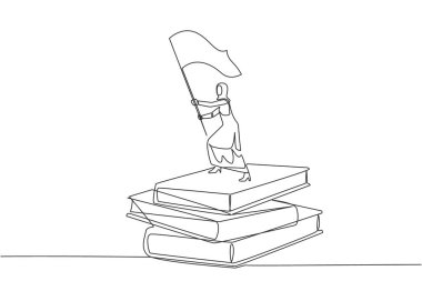 Devamlı olarak, dev kitap yığınlarının üzerinde bayrak kaldıran Arap iş kadınının çizimleri. Okumak, başarılı bir girişimci olmak için iş dünyasındaki becerilerini geliştirir. Tek çizgi çizimi