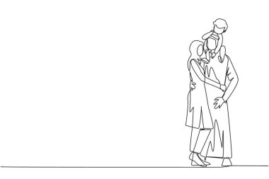 Genç Arap kadının tek sıra çizimi, küçük tatlı oğlunu omuzlarında tutan yakışıklı kocasına sarılıyor. Mutlu Arap aile kavramı. Bir çizgi tasarımı vektör illüstrasyonu