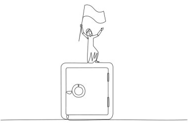 Devamlı olarak, Arap işadamının dev kiralık kasa bayrağını çekerken çizdiği bir çizgi. Belge işini güvenli bir yerde tutmanın önemi. Tek çizgi çizme vektör illüstrasyonu