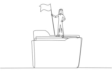 Büyük klasör simgesinin üzerinde duran Arap işadamının aralıksız çizimleri. Ayarlanmış iş planı, kayıt tutmak, pratik yapmak. Şampiyon ol. Tek çizgi çizimi tasarım vektör çizimi