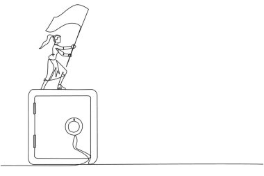 Tek sıra halinde, genç iş kadını dev bir kiralık kasanın üzerinde bayrak kaldırıyor. Belge işini güvenli bir yerde tutmanın önemi. Devamlı çizgi tasarımı grafik çizimi