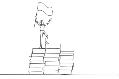 Bir satırda, kağıt yığınları üzerinde duran bir iş kadını çizimi bayrak kaldırıyor. Bir sürü veriyle iş planı oluşturun. Her ne kadar çok iş olsa da kazanan. Devamlı çizgi tasarımı