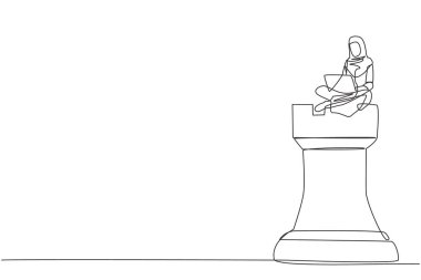 Dizüstü bilgisayarla satranç oynarken dev bir kale parçasının üzerinde oturan Arap bir iş kadını çiziyor. İnternette satranç oynuyorum. İş dünyasının zaferinin metaforu. Devamlı çizgi tasarımı