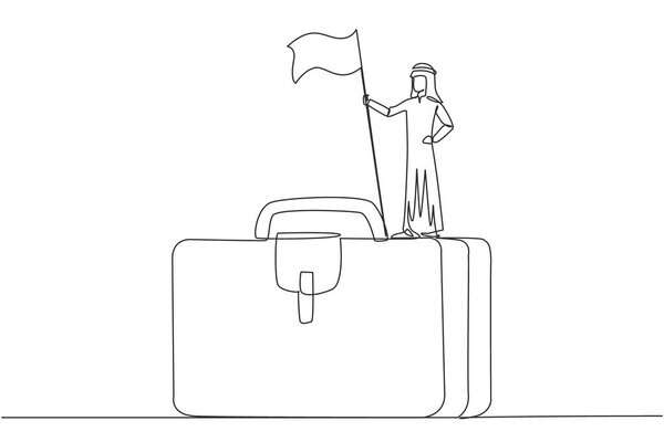 Continuous one line drawing of young Arabian businessman standing on giant briefcase holding flag. Going on a business trip to find newer ideas in startup business. Single line draw design vector