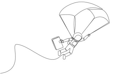 Sürekli bir çizgi halinde genç enerjik astronotlar paraşüt çantasıyla uçuyor. Paraşütü topla ve Dünya 'daki keşif ekibine katıl. Tek çizgi çizimi tasarım vektör çizimi