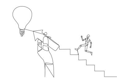 Tek bir çizgi robot merdiveni tırmanır, büyük bir elde tutulan ok şeklindeki basamaklardan biri. Ampulü bulmak için harika bir ekip çalışması. Yapay zeka teknisyeni Bir çizgi tasarımı vektör illüstrasyonu
