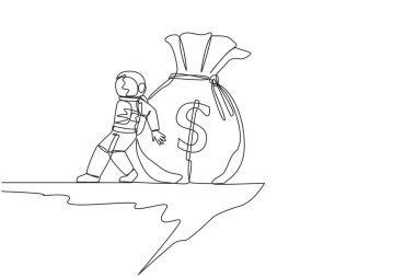 Devamlı bir çizgiden astronot çekmek dev para çantasını uçurumun kenarından aşağı itti. Para israfı. Kozmik galaksi uzay kavramı. Tek çizgi çizimi tasarım vektör çizimi