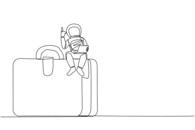 Devamlı dizüstü bilgisayarını elinde tutan genç ve enerjik astronotu çizen tek çizgi bir elini kaldırsın. Mars 'ın yüzeyine ilk sefer. Bir çizgi tasarımı vektör illüstrasyonu