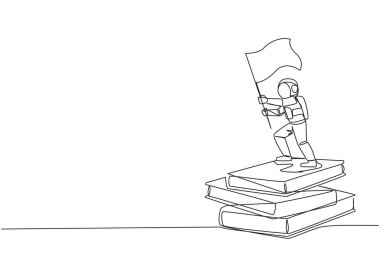Devamlı bir çizgi halinde dalgalanan bayrak tutan dev kitap yığınının üzerinde duran genç astronot çiziliyor. Uzay gezileri sırasında bilimsel dergileri rehber olarak toplayın. Tek çizgi çizme tasarım vektörü
