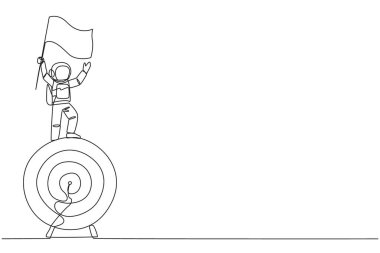 Devamlı bir çizgi halinde genç enerjik astronot dalgalanan bayrak taşıyan dev ok tahtasında duruyor. Bir görevden başka bir keşif görevine odaklan. Tek çizgi çizme tasarım vektörü