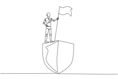 Devamlı bir robot çizimi dev bir kalkanın üzerinde dalgalanan bayrak tutuyor. Ağ güvenliği robot zekasının kutlanması. Geleceğin robotları. Tek çizgi çizimi tasarım vektör çizimi