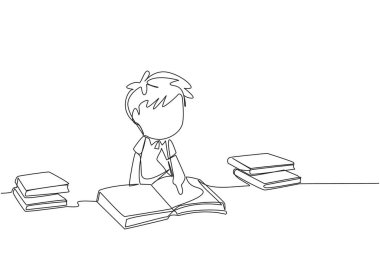 Okumayı çok seven, sürekli çizen bir çocuk. Her gün bir kitap okunuyor. İyi alışkanlık. Kitap okumadan bir gün bile geçmez. Kitap festivali konsepti. Tek çizgi çizimi tasarım vektör çizimi