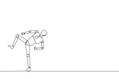 Tekvando hareketleri yapan bir robot çizmeye devam et. Tekme hareketi. Güçlü bacaklar. Sporla iş yapmak. Sağlıklı kal güçlü kal. Yapay zeka teknisyeni Tek çizgi çizimi tasarım vektör çizimi