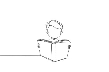 Tek sıra halinde ayakta kitap okuyan çocuk çiziyor. Hevesim asla geçmiyor. Hikaye kitapları okurken çok mutlu. Kitap festivali konsepti. Bir çizgi tasarımı vektör illüstrasyonu
