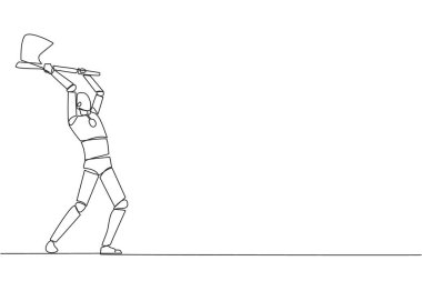 Baltasını sallayan akıllı robotu çizen tek sıra. Oduncu stili gibi. Çok güçlü. Kaslı. Çok güçlü. Fiziksel sağlık için spor. Farkındalık. Yapay zeka teknisyeni Bir çizgi tasarımı vektör illüstrasyonu