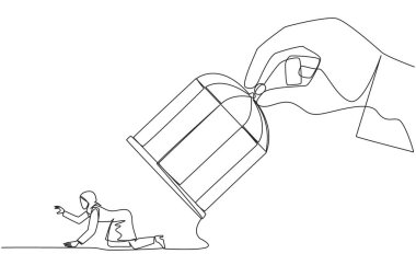 Tek sıra halinde çekilen büyük el kafesi tutuyor ve Arap iş kadınını yakalamak istiyor. Kaybetme serisi. Tüm cephelerde kayboldu. Çaresiz iş kadını. İflas etti. Devamlı çizgi tasarımı grafik çizimi