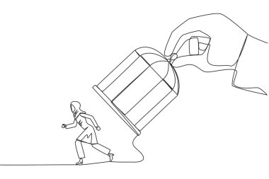 Devamlı bir sıra çizerek büyük eller demir kafesi tutar, Arap iş kadınını yakalar. Herhangi bir şekilde tuzağa düşmek istiyorum. Tuzağa gir. Haksız iş rekabeti. Kaybettim. Tek çizgi çizimi tasarım vektör çizimi