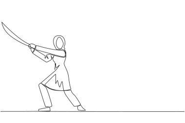 Tek sıra halinde, elinde samuray tutan Arap iş kadını. Samuray atletlerin işi koruması gibi. İş büyümesini engellemeye hazır. Devamlı çizgi tasarımı grafik çizimi