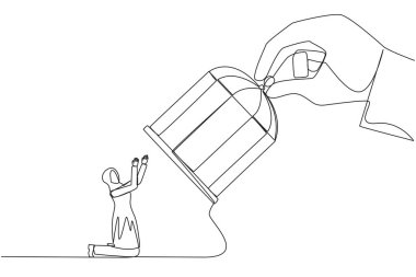 Diz çökmüş Arap iş kadınını yakalamak için tek sıra halinde büyük bir el kafesi çekiyorlar. Duruma teslim olan girişimciler. Tüm hataların sorumluluğunu al. Aralıksız çizgi grafik çizimi