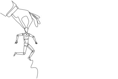 Tek sıra halinde, akıllı robotu tutan koca bir el çiziyor. İş yeri metaforu. Pozisyon transferi. Seviyeyi yükselt. Daha büyük sorumluluklarım var. Başarılı oldu. Bir çizgi tasarımı vektör illüstrasyonu