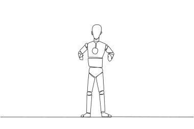 Tek sıra halinde, akıllı robotu dik durmaya zorluyor. Enflasyondan ve salgınlardan kurtulun. İş dünyasının geleceğine bakmak başarı umutlarıyla doludur. Teknoloji. Bir çizgi tasarımı vektör illüstrasyonu