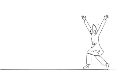 İşlerin başarısını kutlamak için koşuşturan Arap iş kadını. Gol atan futbolcu gibi, o da kutluyor. Başarı. Tek çizgi çizimi tasarım vektör çizimi