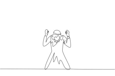 Arap işadamını dua eder gibi diz çöktüren tek sıra. Umudumu kaybettim İyi niyetli müşteriler bulamazsak işletmeler iflas edecek. Teslim olma hareketi. Bir çizgi tasarımı vektör illüstrasyonu