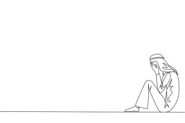 Yüzü örterken Arap iş adamının oturduğu bir çizgi sürekli devam ediyor. Üzgün işadamı, işin kaderinden yakınıyor. İş birimini geliştirme başarısızlığı. Tek çizgi çizimi tasarım vektör çizimi