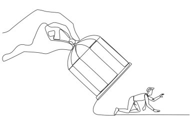 Tek sıra halinde büyük eller çekiyor. Kafes, emekleyen işadamını yakalamak istiyor. Kaybetme serisi. Tüm cephelerde kayboldu. Çaresiz iş adamı. Kayıplar. İflas etti. Bir çizgi tasarımı vektör illüstrasyonu