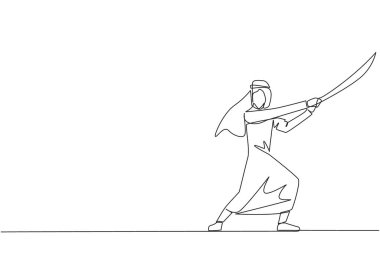 Tek sıra halinde, elinde samuray tutan Arap iş adamını çekiyor. İşletmeyi koruyan samuray atleti gibi. İş büyümesini engellemeye hazır. Bir çizgi tasarımı vektör illüstrasyonu