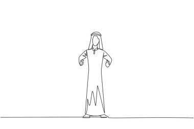 Aralıksız tek sıra halinde duran Arap işadamı. Enflasyondan ve salgınlardan kurtulun. İş dünyasının geleceğine bakmak başarı umutlarıyla doludur. Tek çizgi çizme vektör illüstrasyonu