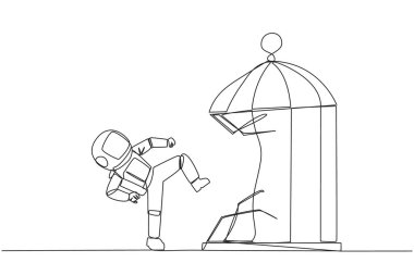 Tekvando astronotu çizen tek çizgi tekmeyle kafesi yok eder. Metaforlar konfor bölgesi tuzağını kaldırır. Şirket için dâhi bir girişimci. Devamlı çizgi tasarımı grafik çizimi