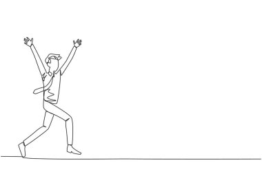 Genç işadamlarının iş dünyasının başarısını kutlamak için koşuşturması. Gol atan bir futbolcu gibi kutluyor. Başarı. Tek çizgi çizimi tasarım vektör çizimi