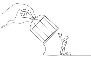 Tek bir çizgi çekerek büyük bir el tutarak kafesi diz çökmüş bir robot yakalar. Bu duruma boyun eğen girişimciler. Tüm hataların sorumluluğunu al. Teknoloji. Devamlı çizgi tasarımı grafik çizimi