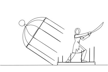 Kafeste hapsolmuş Arap iş kadınlarını çeken tek sıra samurayları tutuyor. Zincire vurulan sinirin dışa vurumu. Ne pahasına olursa olsun özgürlüğü ara. Çılgınlık. Bir çizgi vektör illüstrasyonu