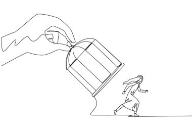 Devamlı bir çizgi, demir kafesi tutan büyük elleri çeker, Arap iş adamını yakalar. Herhangi bir şekilde tuzağa düşmek istiyorum. Tuzağa gir. Haksız iş rekabeti. Kaybettim. Tek çizgi çizimi tasarım vektör çizimi