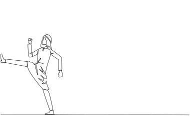 Sürekli tekmeleme hareketi yapan Arap iş adamı çiziyor. Mesai saatleri başlamadan esne. İş yapmaya odaklanmak için sağlıklı bir yol. Tek çizgi çizimi tasarım vektör çizimi