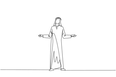 Tek sıra halinde tek sıra halinde kolları açık duran Arap işadamı. Yalnız ve üzgün iş adamı gelişmemiş bir iş için yas tutuyor. Mutsuz müdür. Devamlı çizgi tasarımı grafik çizimi