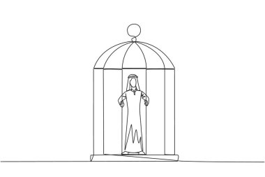 Kafeste kapana kısılmış Arap işadamlarının demir parmaklıkları tuttuğu bir hat. Hapsedilmiş beden ve akıl. Sınırlı fırsat. Bitkin hissediyorum. Tek çizgi çizimi tasarım vektör çizimi