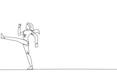Tekme hareketi yapan iş kadınını çeken tek satır. Mesai saatleri başlamadan esne. İş yapmaya odaklanmak için sağlıklı bir yol. Disiplinli. Devamlı çizgi tasarımı grafik çizimi