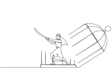 Kafeste hapsolmuş Arap işadamını çeken tek sıra samurayları tutuyor. Zincire vurulan sinirin dışa vurumu. Ne pahasına olursa olsun özgürlüğü ara. Çılgınlık. Bir çizgi tasarımı vektör illüstrasyonu